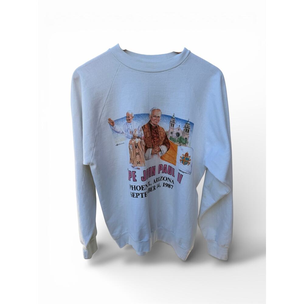 Vintage Pope John Paul II Phoenix Arizona 1987 Visit Sweatshirt White Size L
